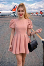 Customer Wearing LVLVS Celia Pink Mini Dress Stretch Crepe Puff Sleeves for Airport Travel Casual Chic