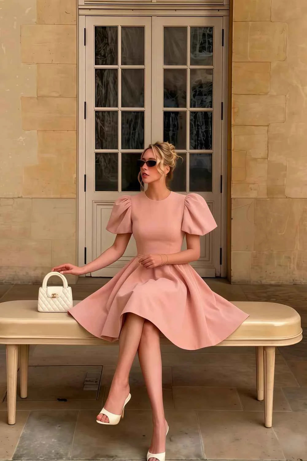 Customer Styled LVLVS Celia Pink Dress Stretch Crepe Puff Sleeves for Street Style Day Out