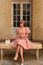 Customer Styled LVLVS Celia Pink Dress Stretch Crepe Puff Sleeves for Street Style Day Out