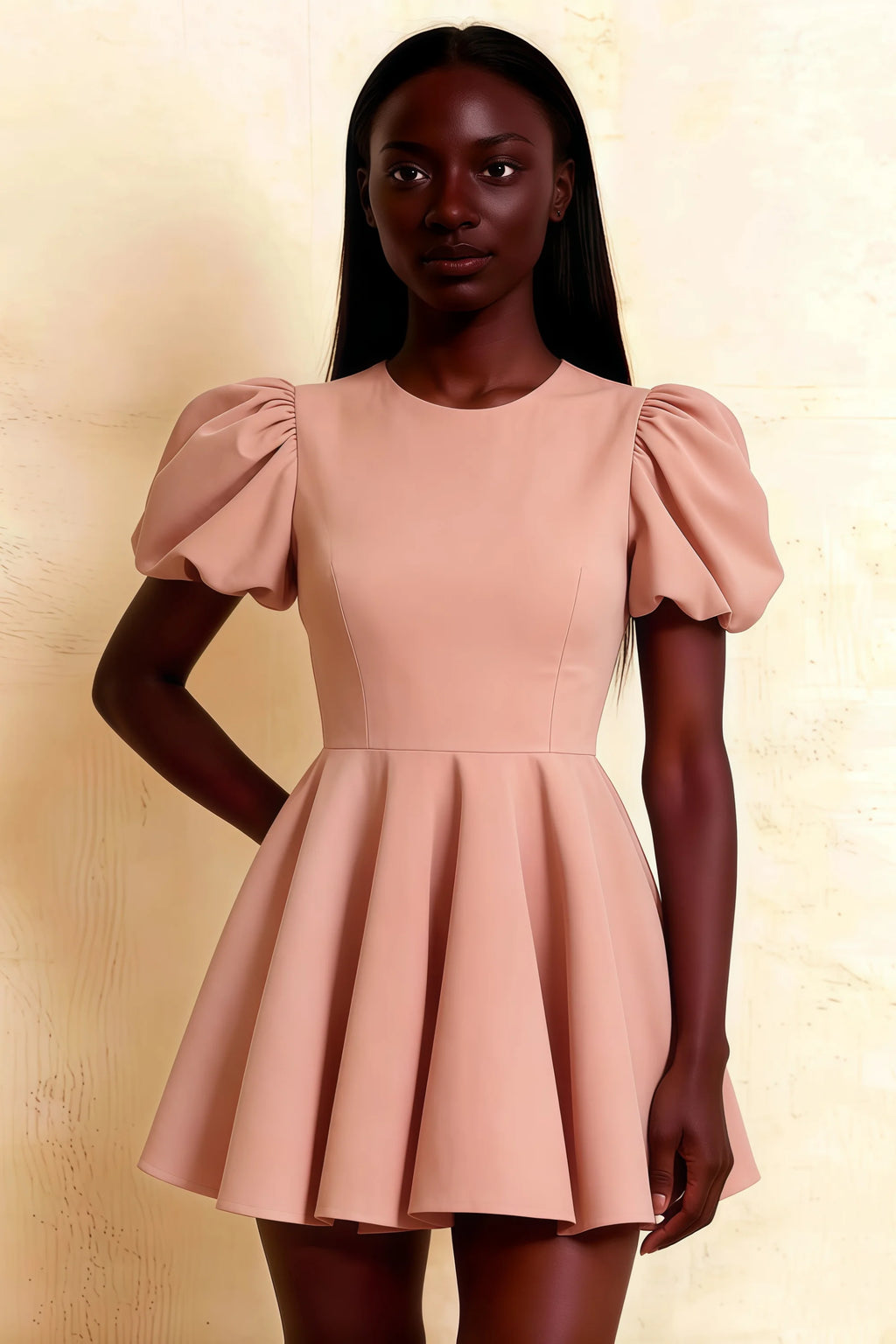 LVLVS Celia Pink Mini Dress Puff Sleeves Crew Neck Stretch Crepe for Bridesmaid Dress