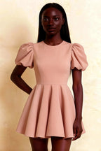 LVLVS Celia Pink Mini Dress Puff Sleeves Crew Neck Stretch Crepe for Bridesmaid Dress
