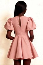 LVLVS Celia Pink Dress Back Detail Stretch Crepe Puff Sleeves Keyhole Back for Semi - Formal Event