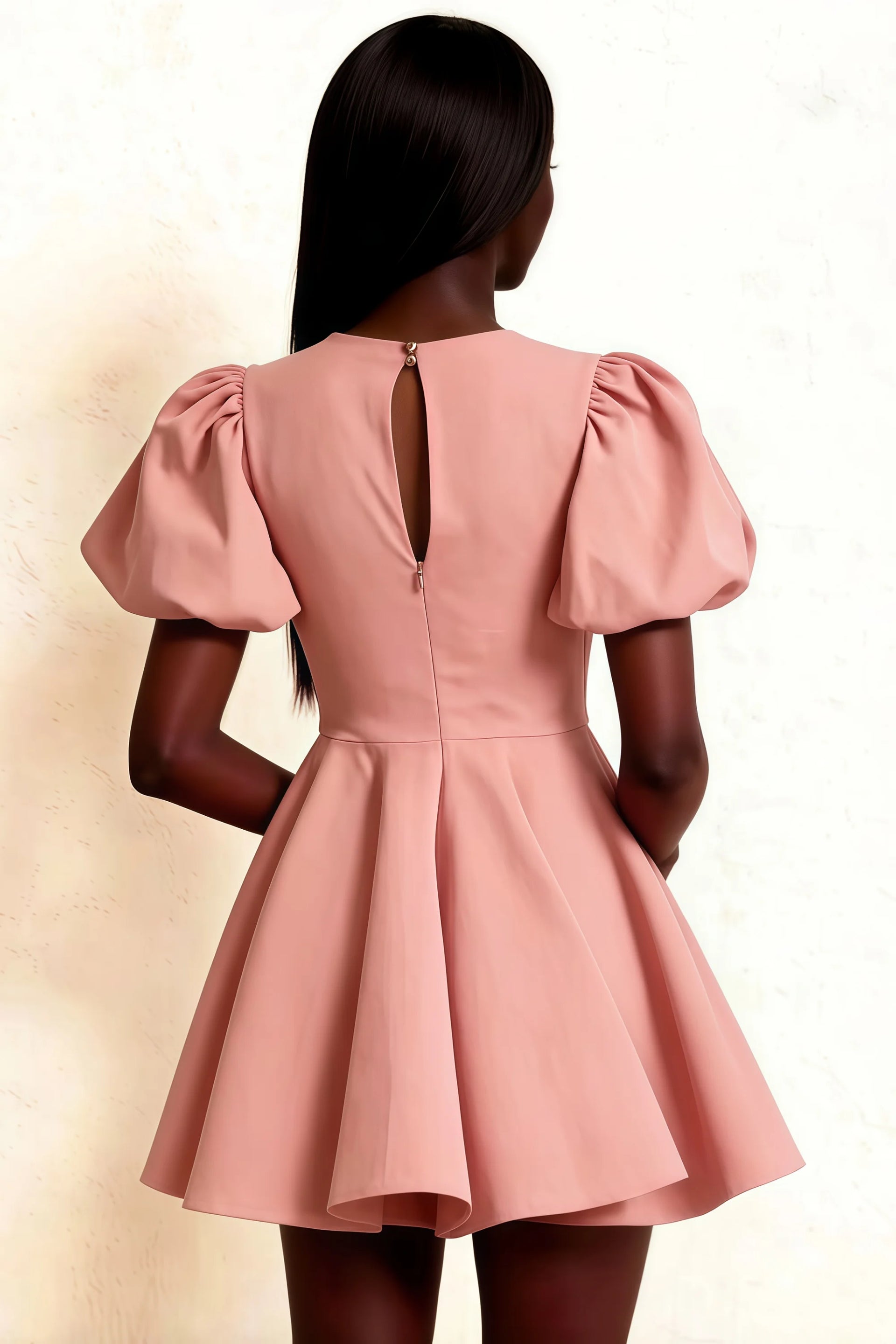LVLVS Celia Pink Dress Back Detail Stretch Crepe Puff Sleeves Keyhole Back for Semi - Formal Event