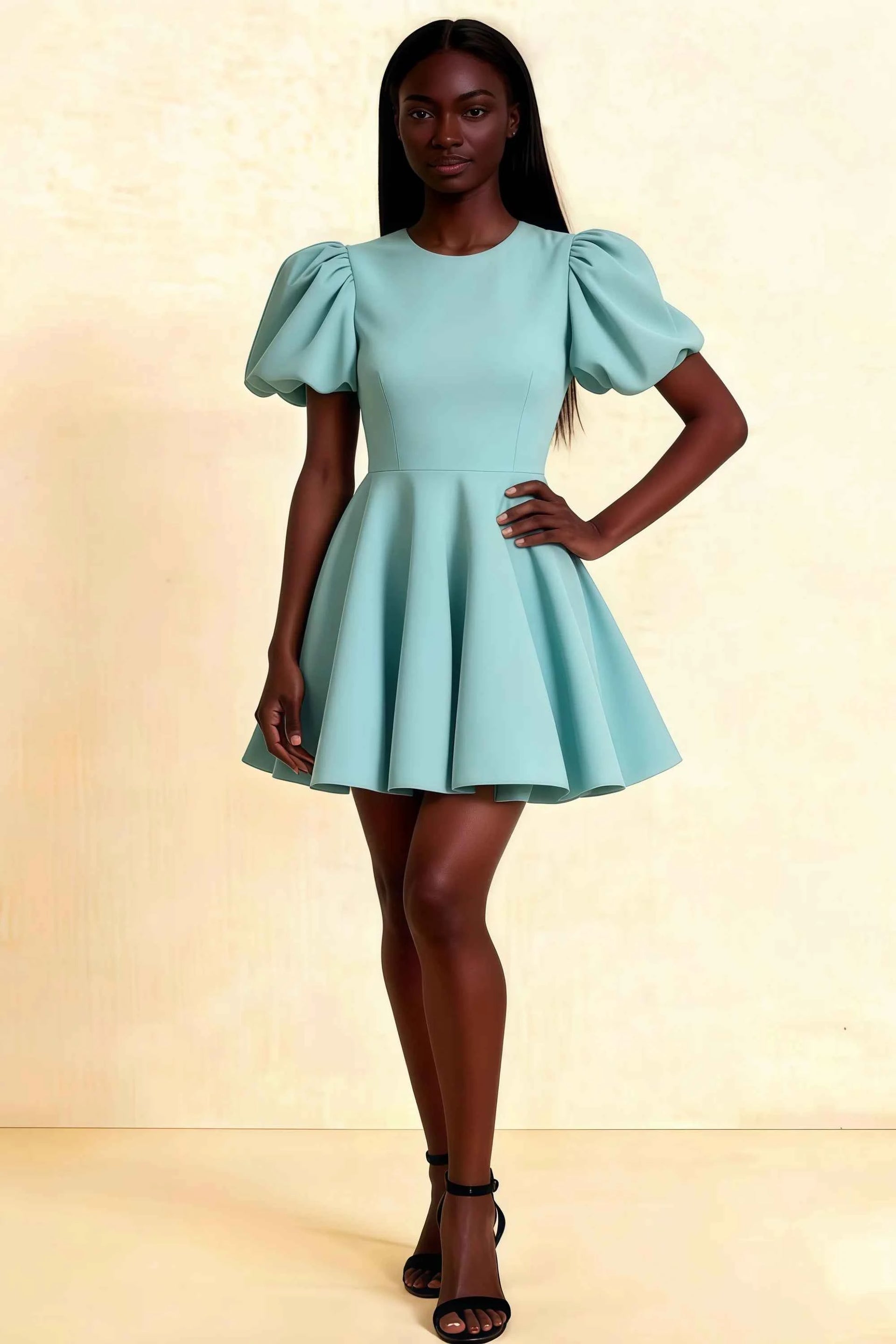 Mint Green Celia Dress with Puff Sleeves for Cocktail Parties, Classy Mini Dress for Formal Events, Stretch Crepe Material, Crew Neck Eyelet Design, Perfect for Bridesmaid or Prom
