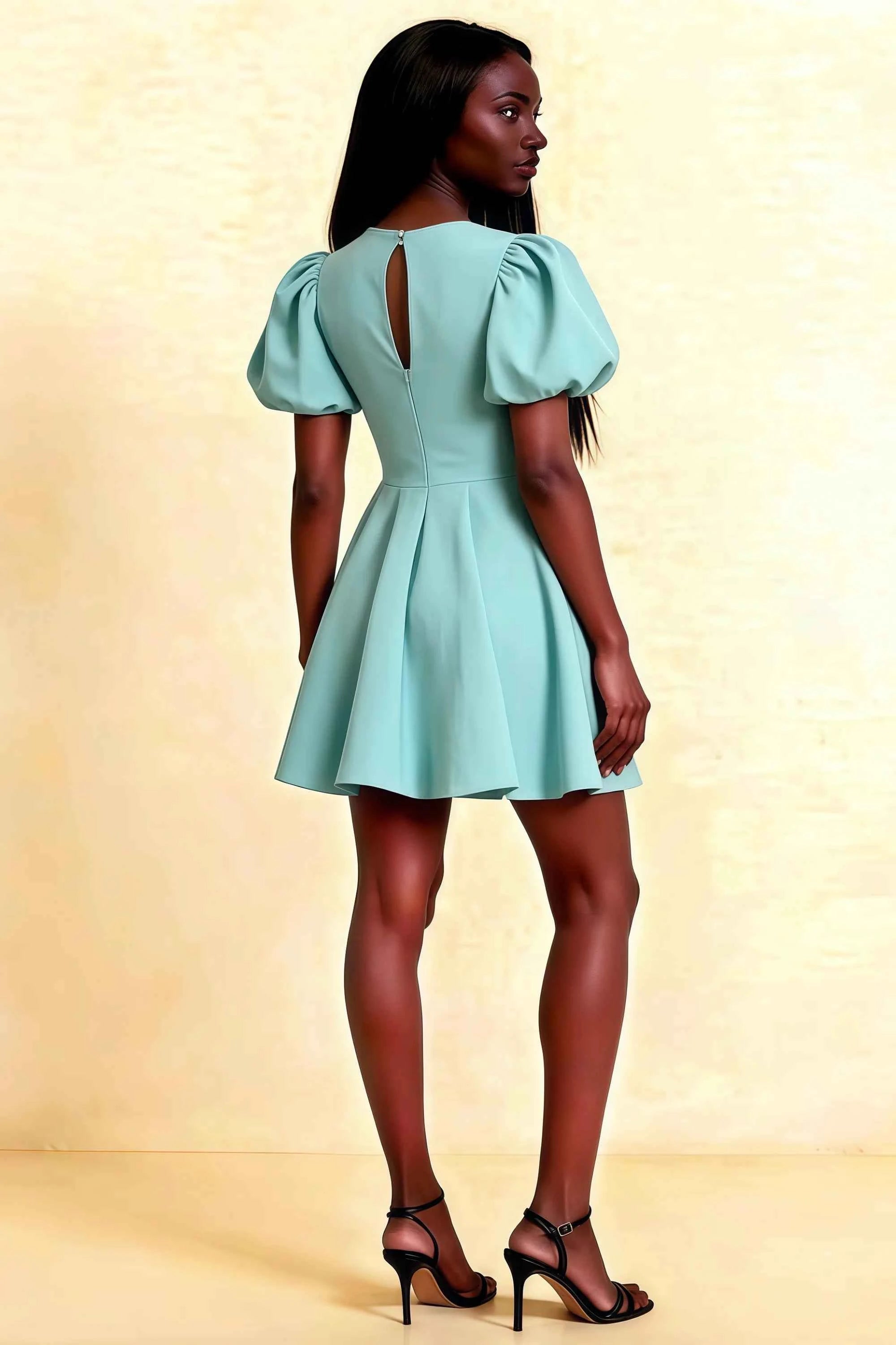 Celia Powder Blue Crew Neck Eyelet Mini Dress with Puff Sleeves Imagen secundaria del producto