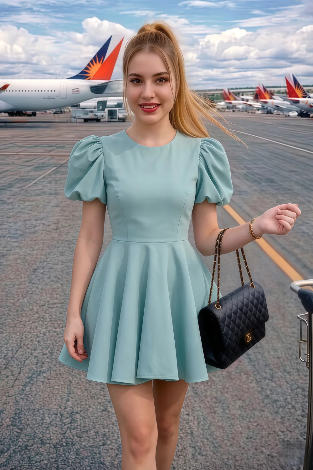 Customer Wearing Celia Powder Blue Puff Sleeve Dress, Casual Airport Outfit with Black Handbag, Stretch Crepe Mini Dress for Travel or Day Out, Trendy Look for Going Out