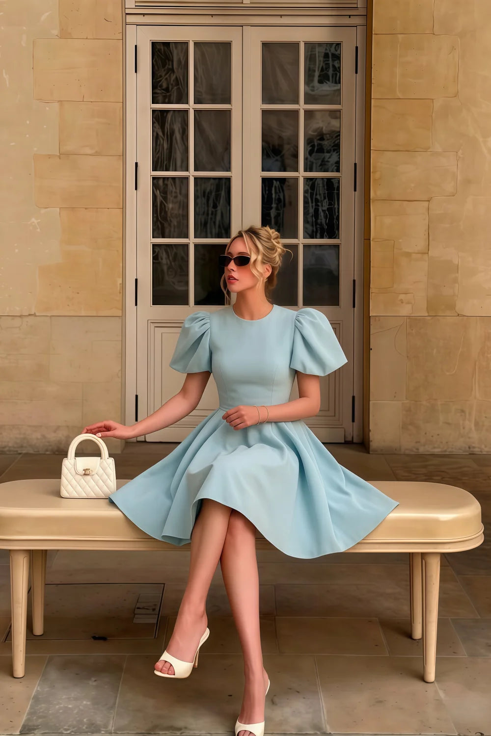 Celia Dress for Daytime Events, Powder Blue Puff Sleeve Mini Dress with White Handbag, Elegant Casual Look for Brunch or Shopping, Stretch Crepe Material for Comfort