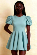 Close - up of Celia Powder Blue Dress, Puff Sleeve Mini Dress with Crew Neck, Stretch Crepe Material for a Flattering Fit, Perfect for Club or Party Nights