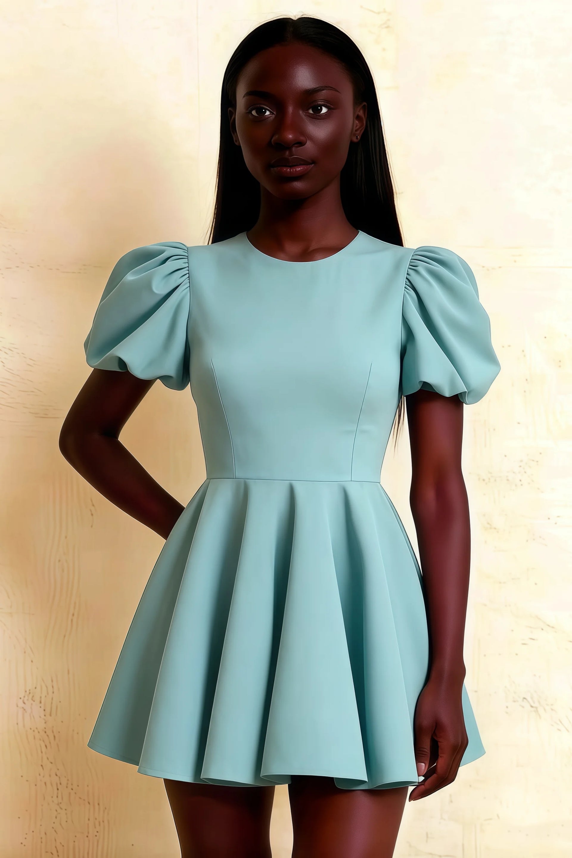 Close - up of Celia Powder Blue Dress, Puff Sleeve Mini Dress with Crew Neck, Stretch Crepe Material for a Flattering Fit, Perfect for Club or Party Nights