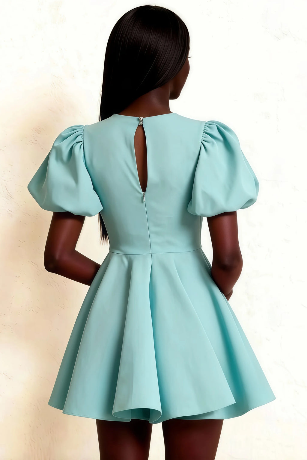 Detailed Back View of Celia Dress, Keyhole Back Puff Sleeve Design, Powder Blue Stretch Crepe Mini Dress for Formal Gatherings, Sophisticated Look for Semiformal Events
