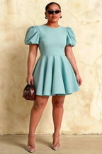 Plus Size Celia Powder Blue Dress, Puff Sleeve Mini Dress for Curvy Figures, Stretch Crepe Material for Comfort, Perfect for Party or Graduation, Elegant Bridesmaid Dress Option