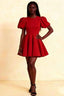 LVLVS Celia red crew neck puff sleeve cocktail mini dress for women in stretch crepe, perfect for party and date night, front view showcasing fit and flare silhouette