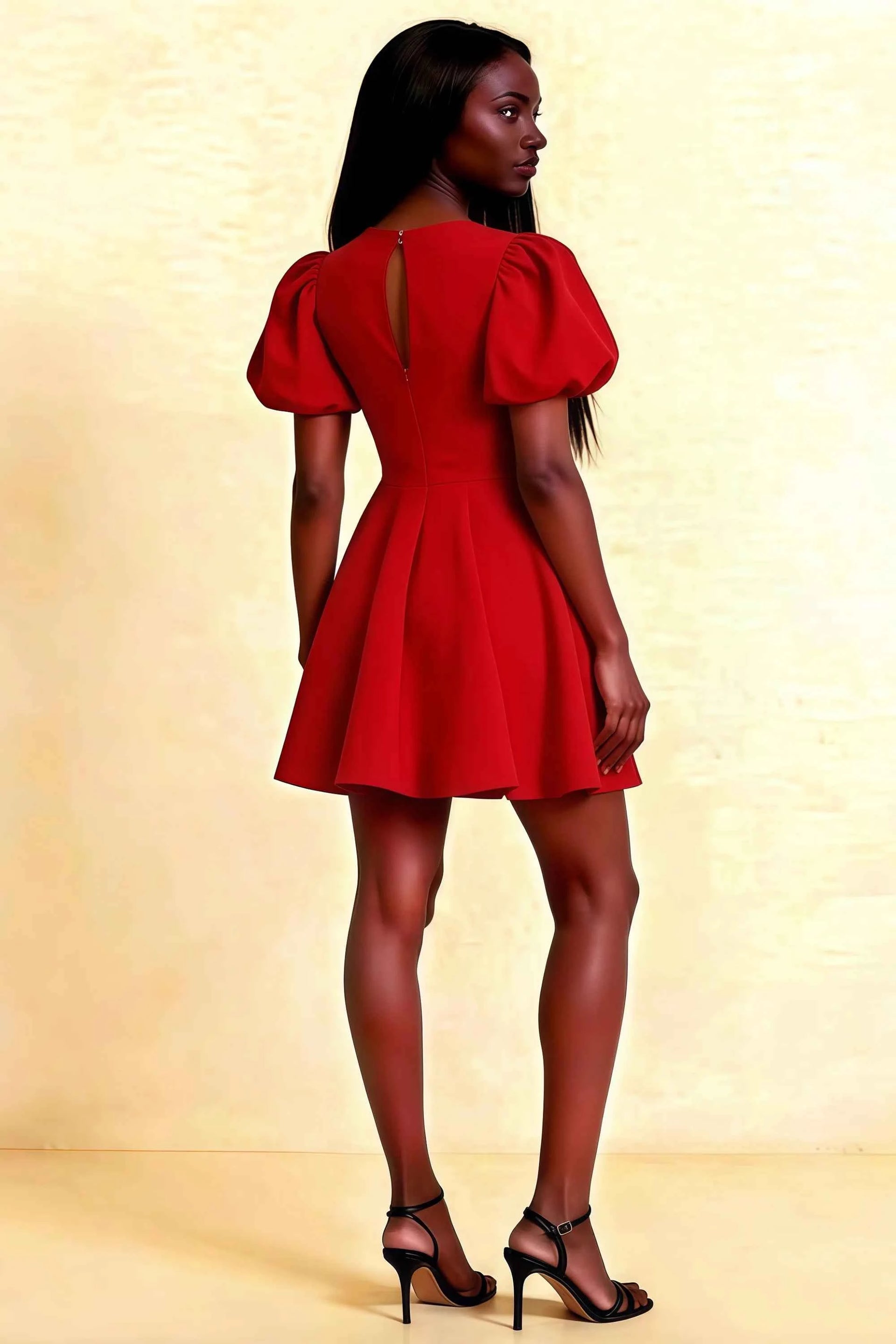 Back view of LVLVS Celia red eyelet mini dress featuring stylish puff shoulders and zipper back detail, elegant semi-formal dress suitable for bridesmaid or graduation