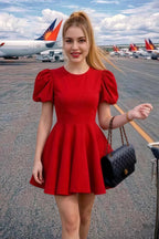 Customer photo of LVLVS Celia red puff sleeve mini dress for travel and going out, stylish airport outfit idea with gold bag, versatile casual party dress for women