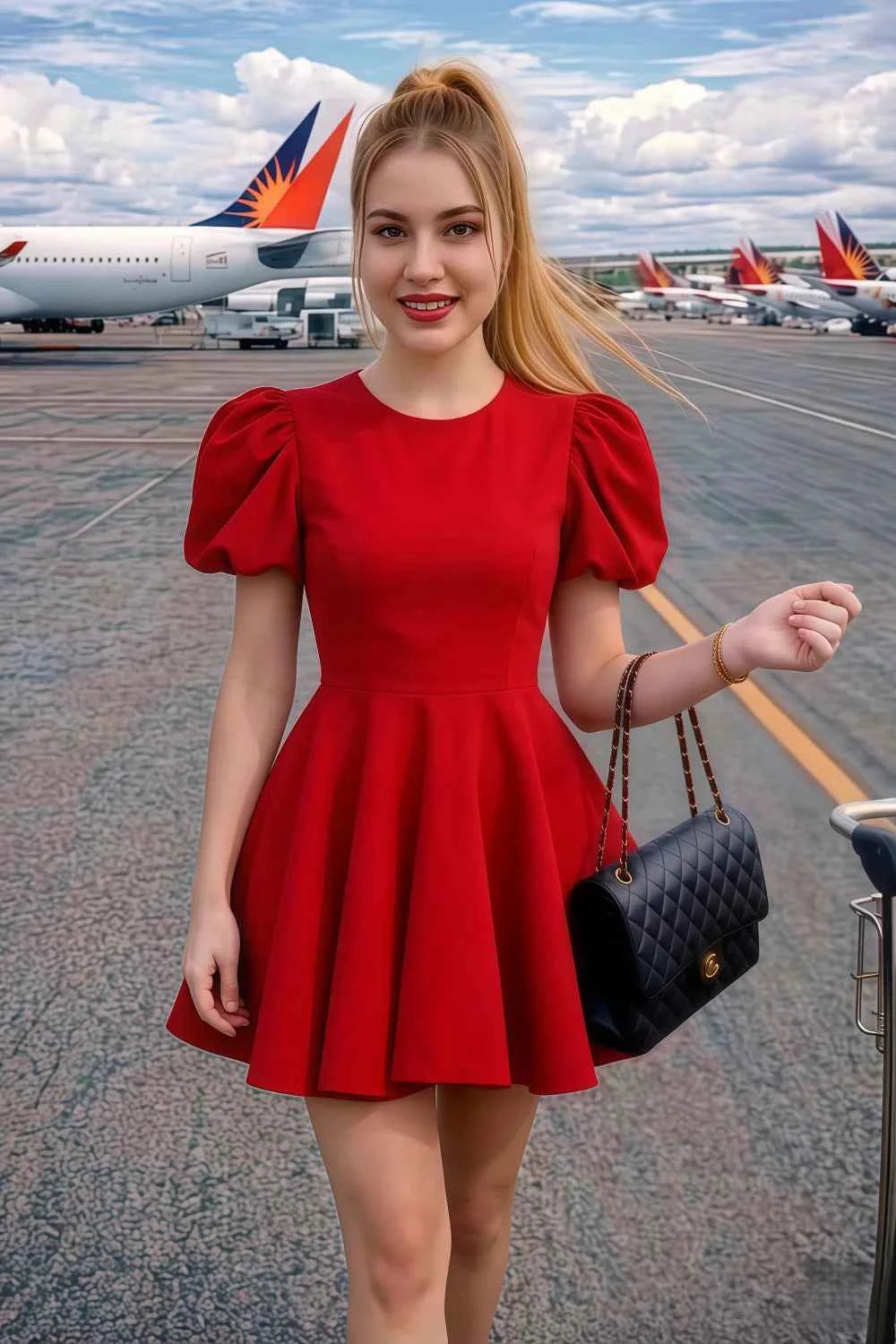 Customer photo of LVLVS Celia red puff sleeve mini dress for travel and going out, stylish airport outfit idea with gold bag, versatile casual party dress for women
