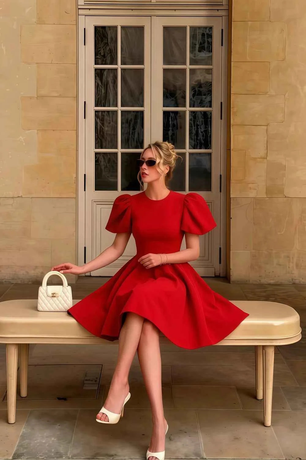 Street style photo of LVLVS Celia red crew neck dress worn by customer sitting on bench, classy brunch or day party outfit, chic short formal dress with white heels