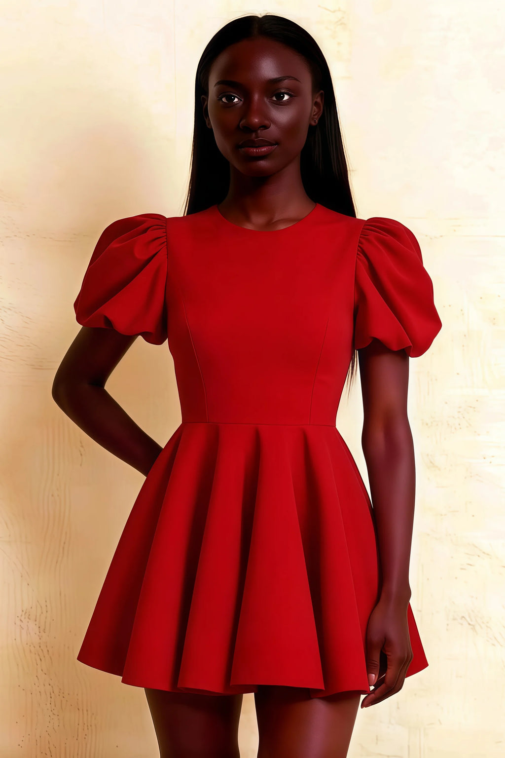 Close up front view of LVLVS Celia red stretch crepe mini dress highlighting gathered puff sleeves and round neck design, trendy casual going out top for cocktail events