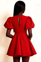 Detailed back look of LVLVS Celia red eyelet flare dress showcasing open back keyhole and puff short sleeves, perfect birthday dress or dance party attire for women