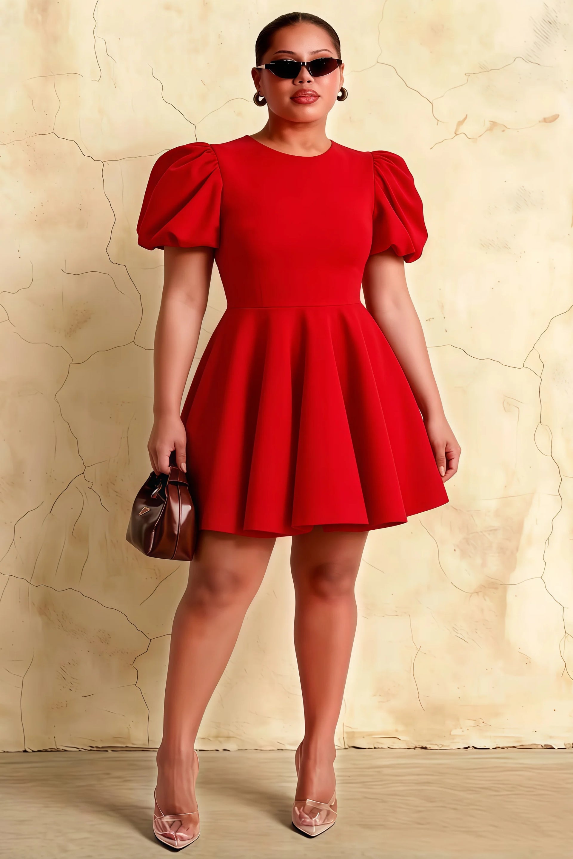 Plus size model wearing LVLVS Celia red puff sleeve cocktail dress, figure flattering fit and flare design ideal for curvy women, suitable for semi-formal party or wedding guest