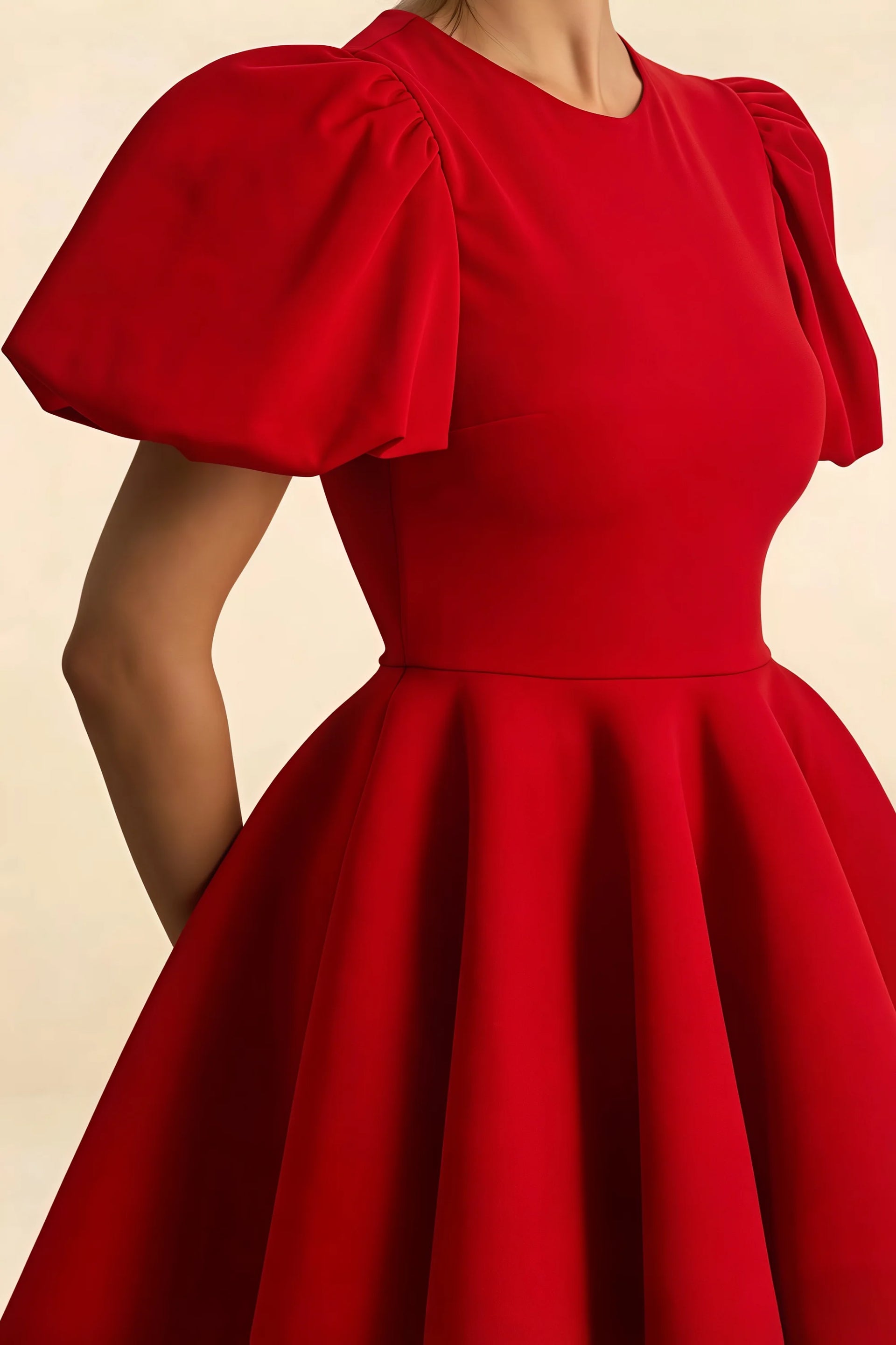 Fabric texture close up of LVLVS Celia red puff sleeve dress, smooth stretch crepe material with detailed shoulder gathering, high quality casual and formal wear for women