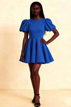 LVLVS Celia Royal Blue Crew Neck Puff Sleeve Mini Dress for Casual Day & Brunch, Stretch Crepe A-Line Silhouette, Front View