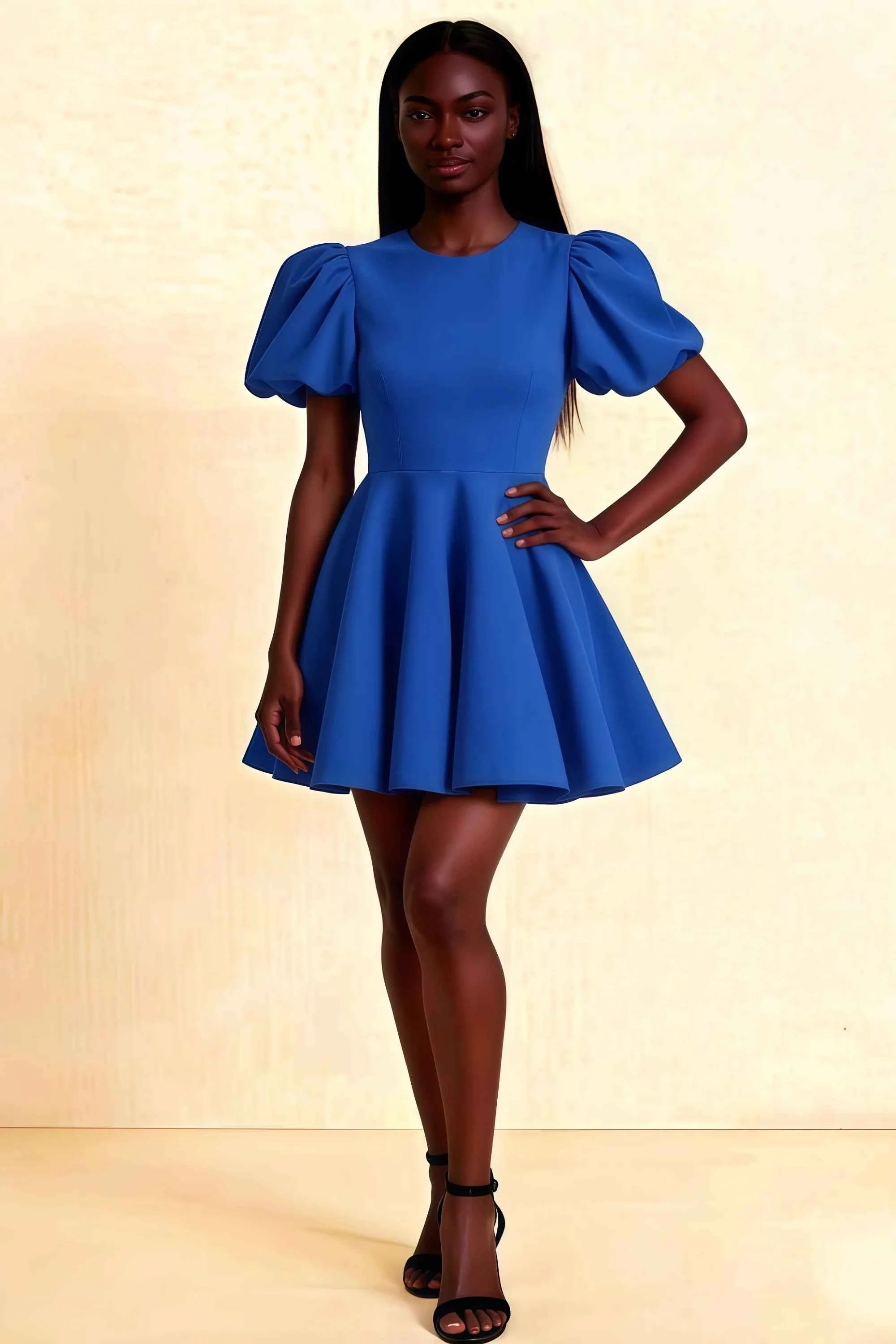 LVLVS Celia Royal Blue Crew Neck Puff Sleeve Mini Dress for Casual Day & Brunch, Stretch Crepe A-Line Silhouette, Front View Imagen principal del producto