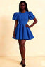 LVLVS Celia Royal Blue Crew Neck Puff Sleeve Mini Dress for Casual Day & Brunch, Stretch Crepe A-Line Silhouette, Front View