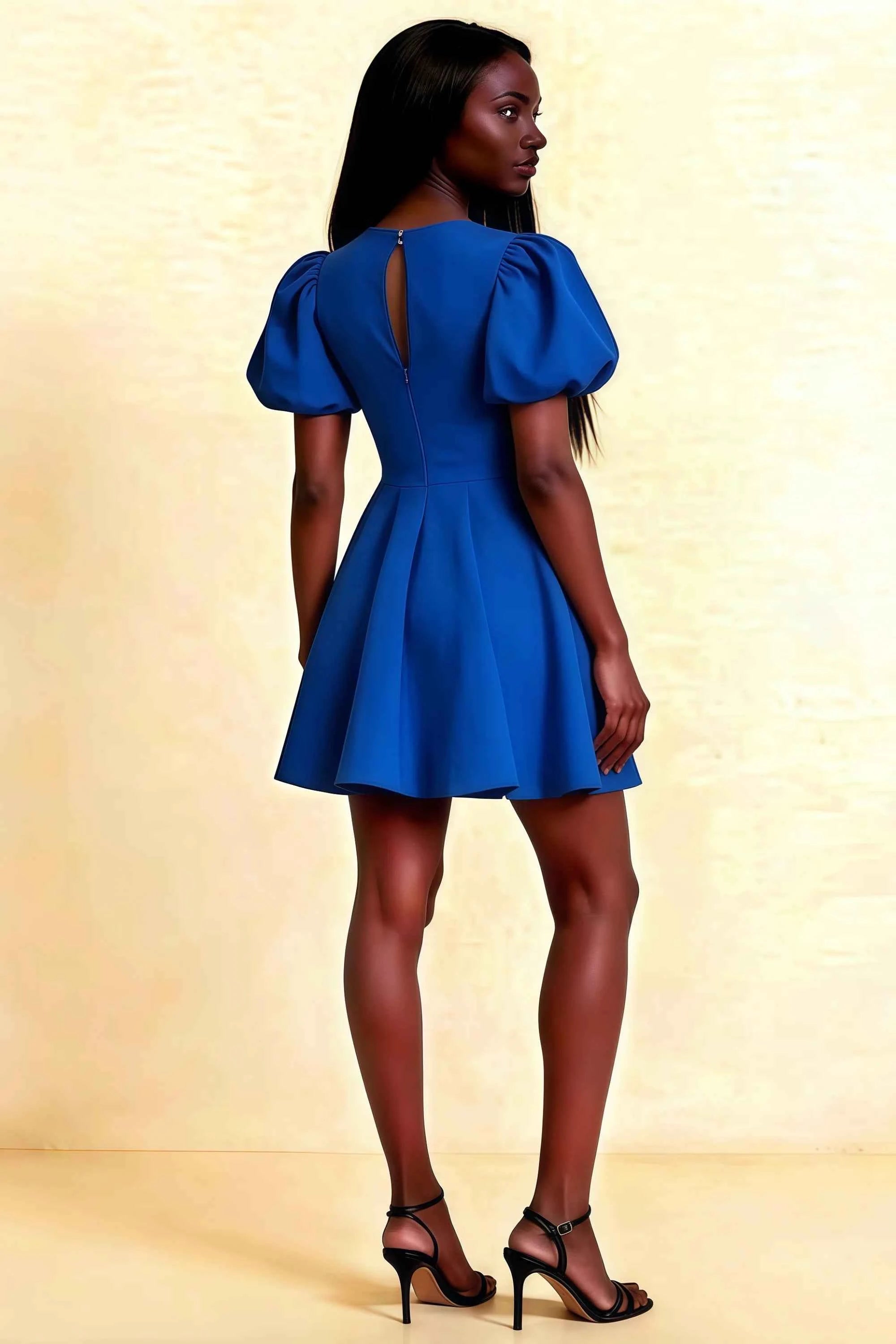 Celia Royal Blue Crew Neck Eyelet Mini Dress with Puff Sleeves Imagen secundaria del producto