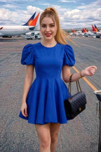 Customer Wearing LVLVS Celia Royal Blue Puff Sleeve Mini Dress for Travel & Going Out, Stretch Crepe Casual Chic Airport Look