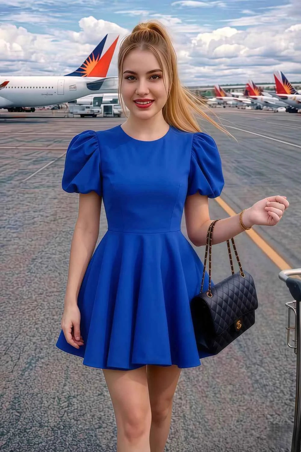 Customer Wearing LVLVS Celia Royal Blue Puff Sleeve Mini Dress for Travel & Going Out, Stretch Crepe Casual Chic Airport Look