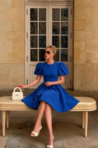 LVLVS Celia Royal Blue Dress Client Photo - Cocktail & Day Party Ready, Puff Sleeves A-Line Silhouette, Elegant Street Style