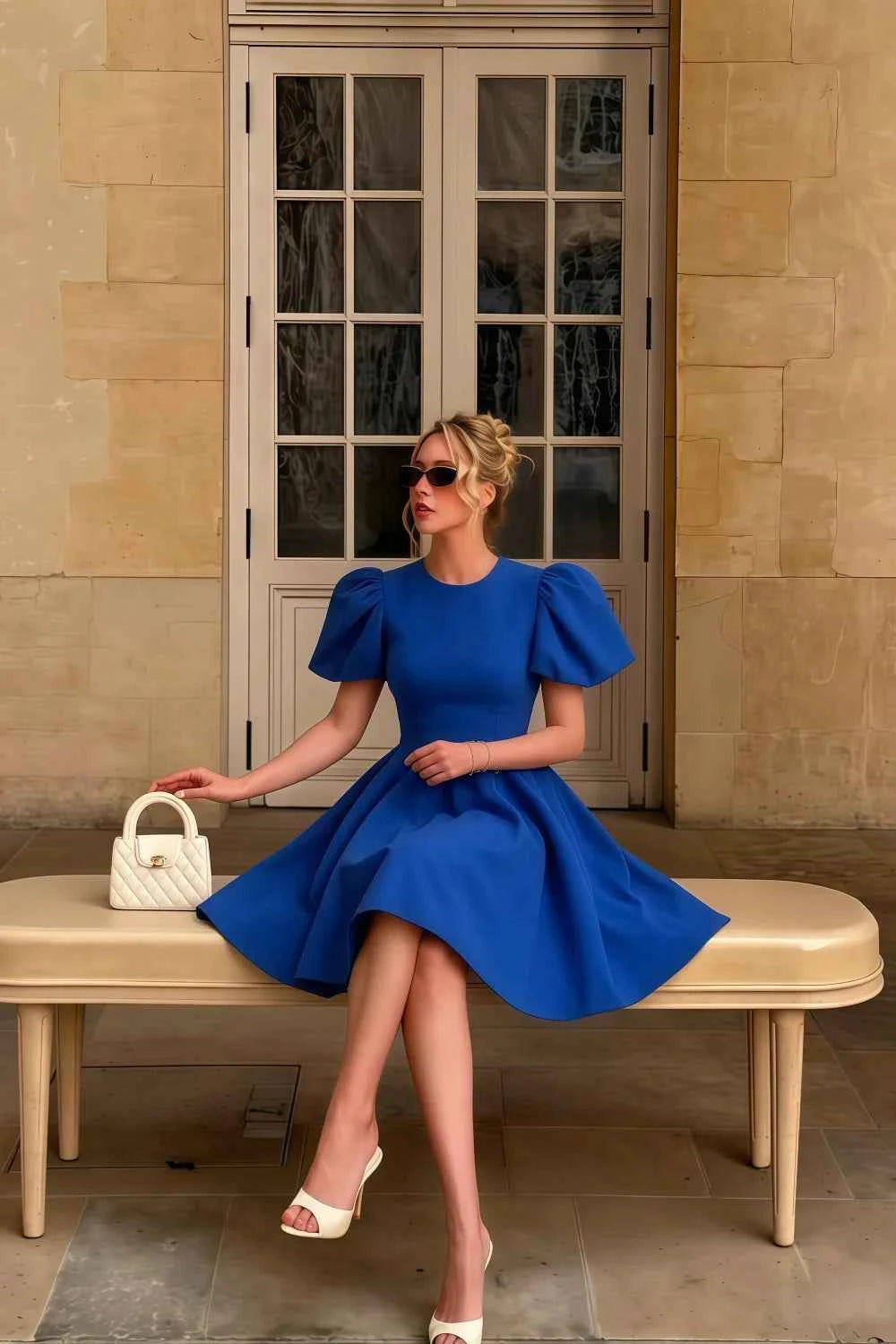 LVLVS Celia Royal Blue Dress Client Photo - Cocktail & Day Party Ready, Puff Sleeves A-Line Silhouette, Elegant Street Style