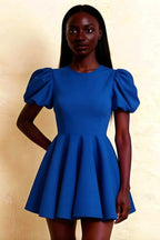 LVLVS Celia Royal Blue Crew Neck Mini Dress for Office & Work, Stretch Crepe Puff Sleeves, Professional Casual Front View