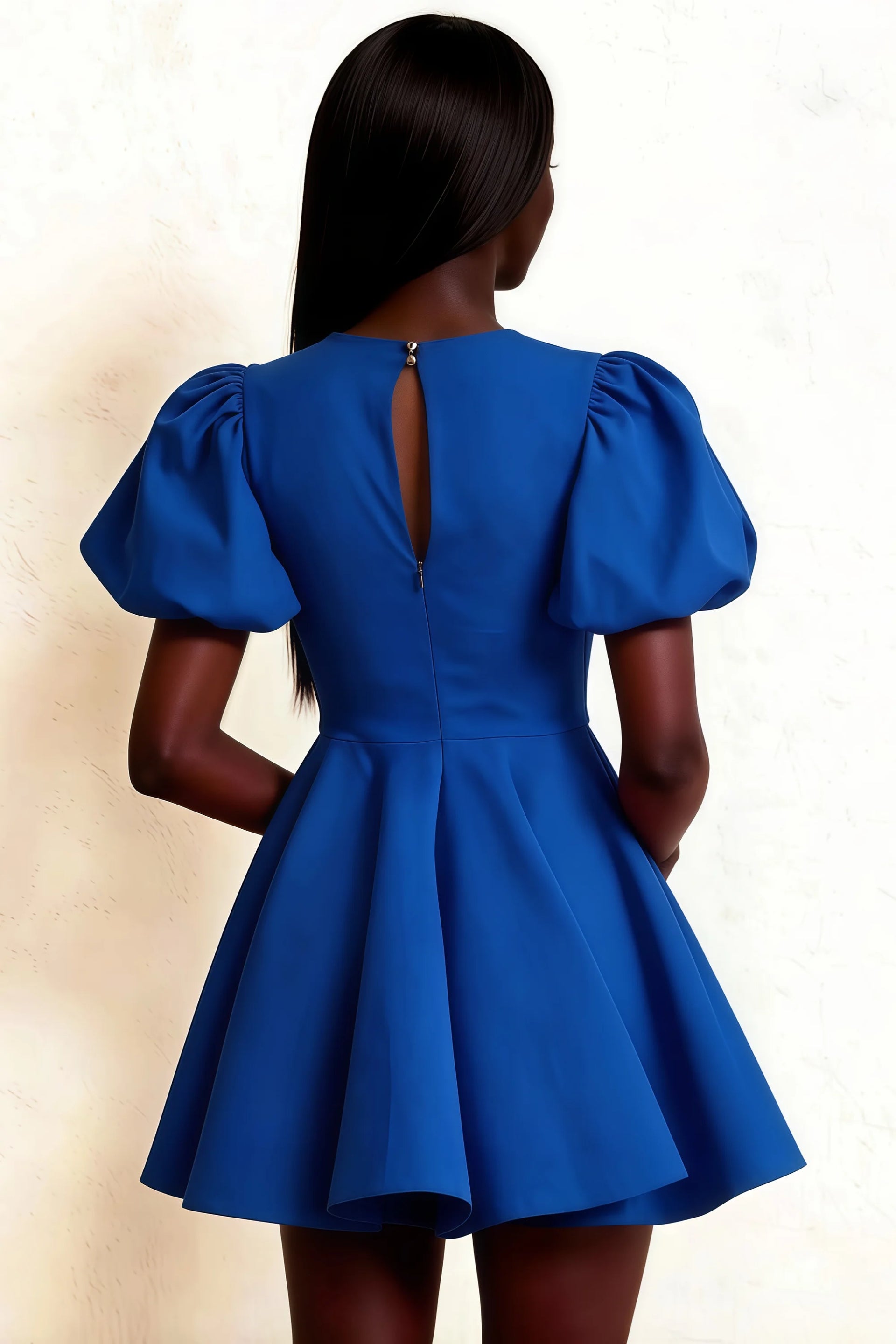 LVLVS Celia Royal Blue Dress Back Detail - Keyhole Back Puff Sleeves, Stretch Crepe Mini Dress for Graduation & Homecoming