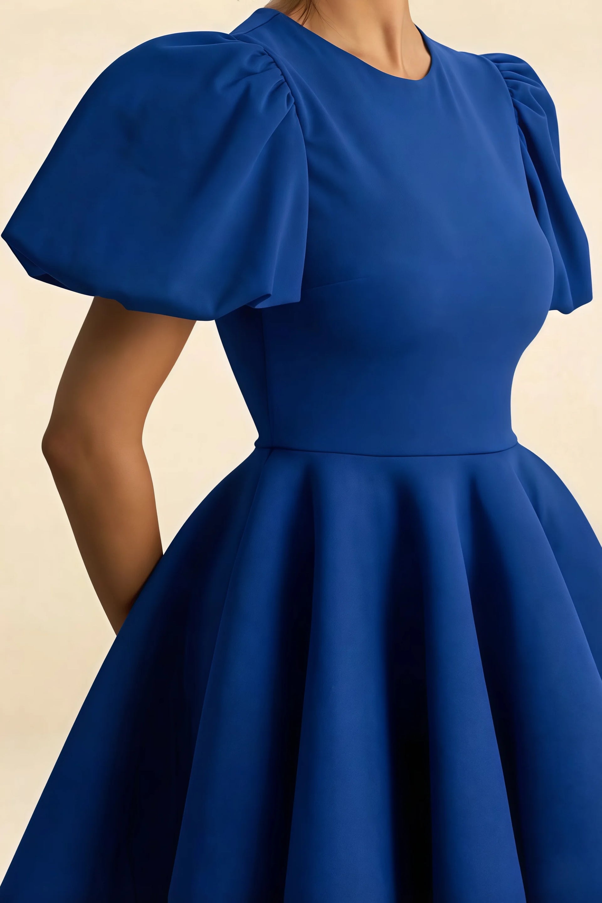 LVLVS Celia Royal Blue Puff Sleeve Dress Close-Up - Crew Neck Stretch Crepe Fabric, Mini Length Details for Classy Brunch & Daytime