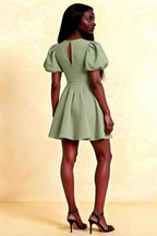 LVLVS Celia Sage Green Dress Back View Keyhole Stretch Crepe Puff Sleeve Mini Dress for Cocktail Party
