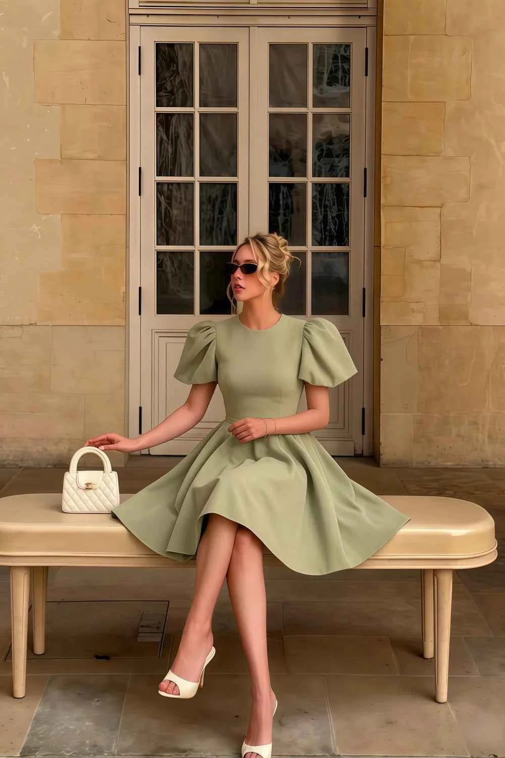 Customer in LVLVS Celia Sage Green Dress Sitting on Bench Chic Day Event Outfit with White Handbag Sunglasses