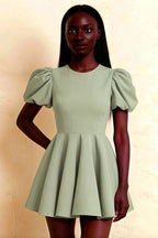 LVLVS Celia Sage Green Puff Sleeve Mini Dress Crew Neck Flared Skirt for Semi - Formal Wedding Guest