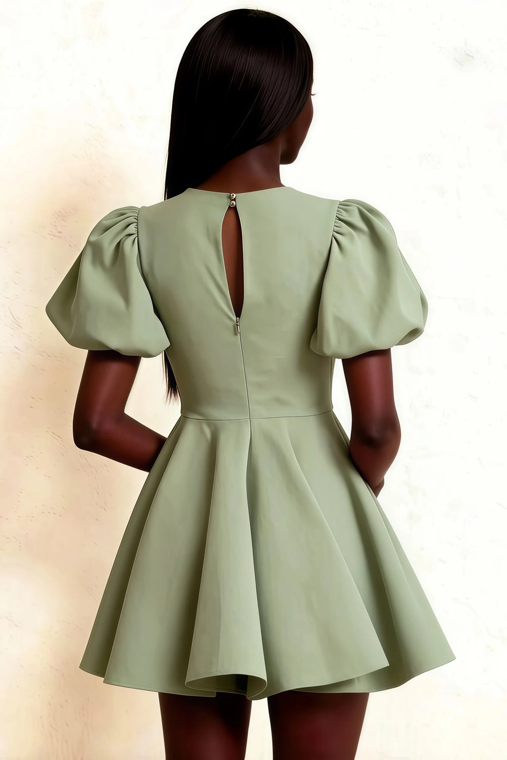 LVLVS Celia Dress Sage Green Back Keyhole Puff Sleeve Stretch Crepe Mini Dress for Prom