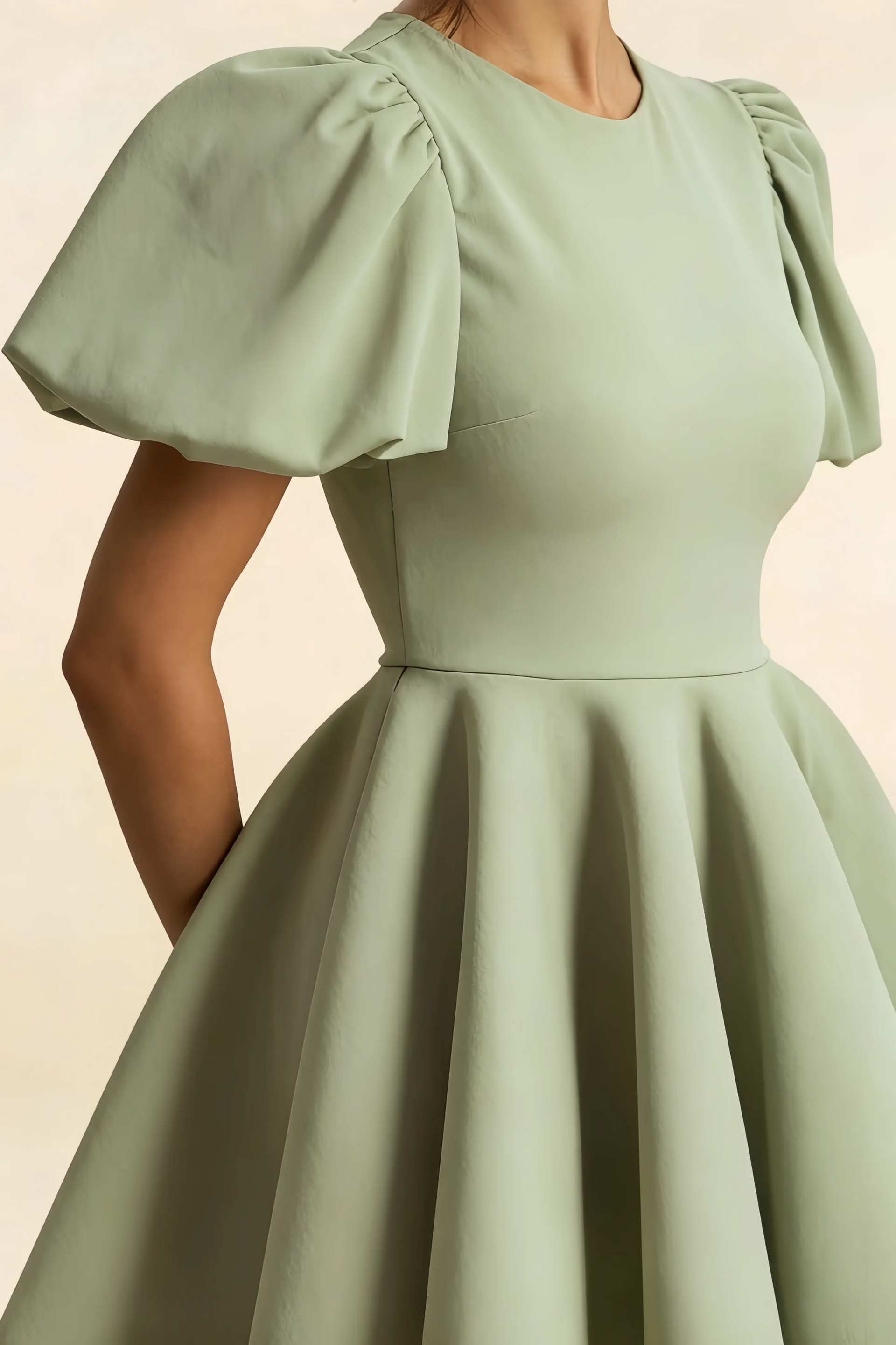 LVLVS Celia Sage Green Puff Sleeve Dress Detail Stretch Crepe Fabric Crew Neck Short Sleeve for Brunch Date