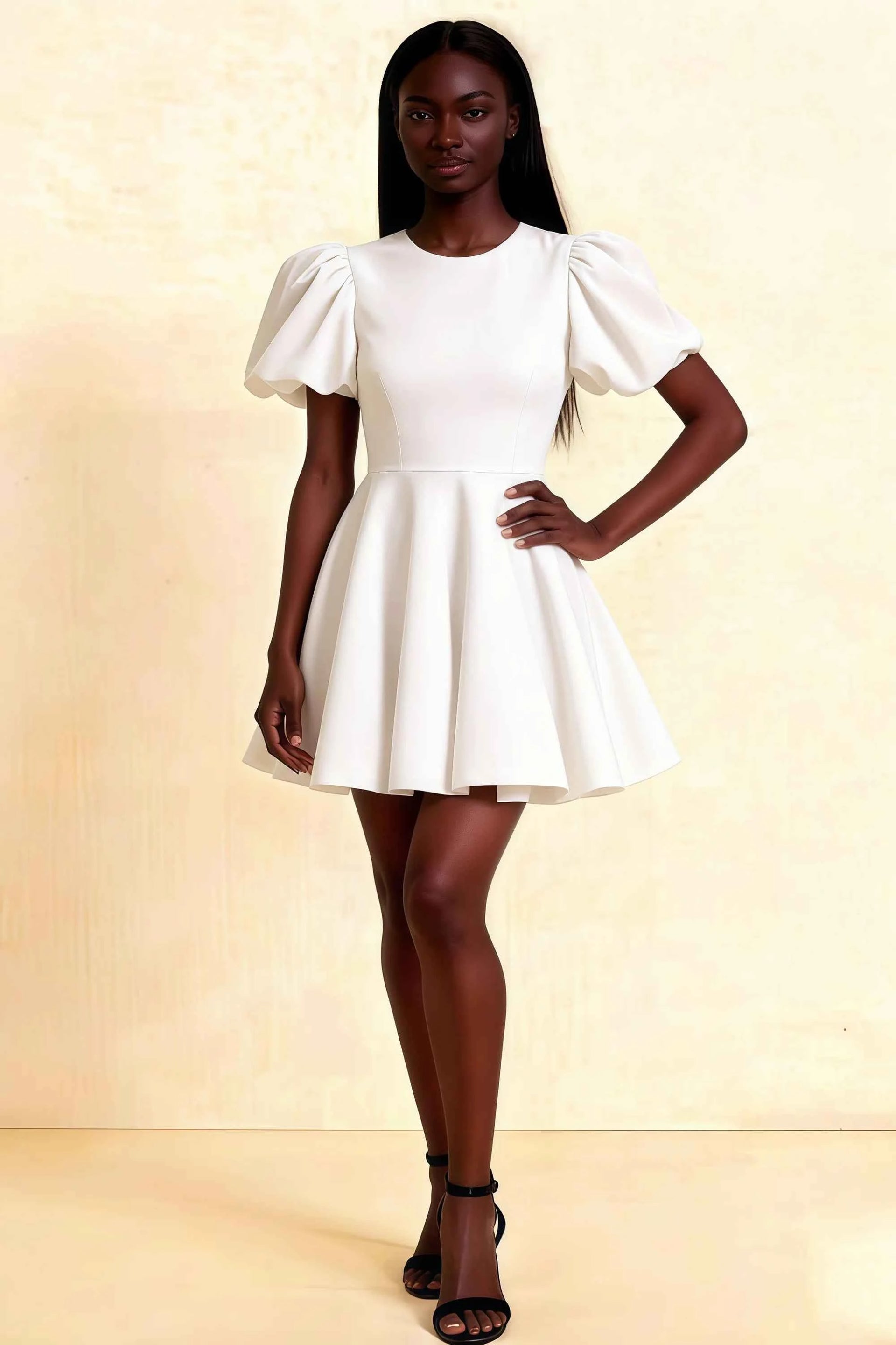 LVLVS Celia white stretch crepe crew neck puff sleeve mini dress for cocktail party, elegant fit and flare silhouette with gathered short sleeves
