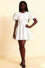 LVLVS Celia white stretch crepe crew neck puff sleeve mini dress for cocktail party, elegant fit and flare silhouette with gathered short sleeves