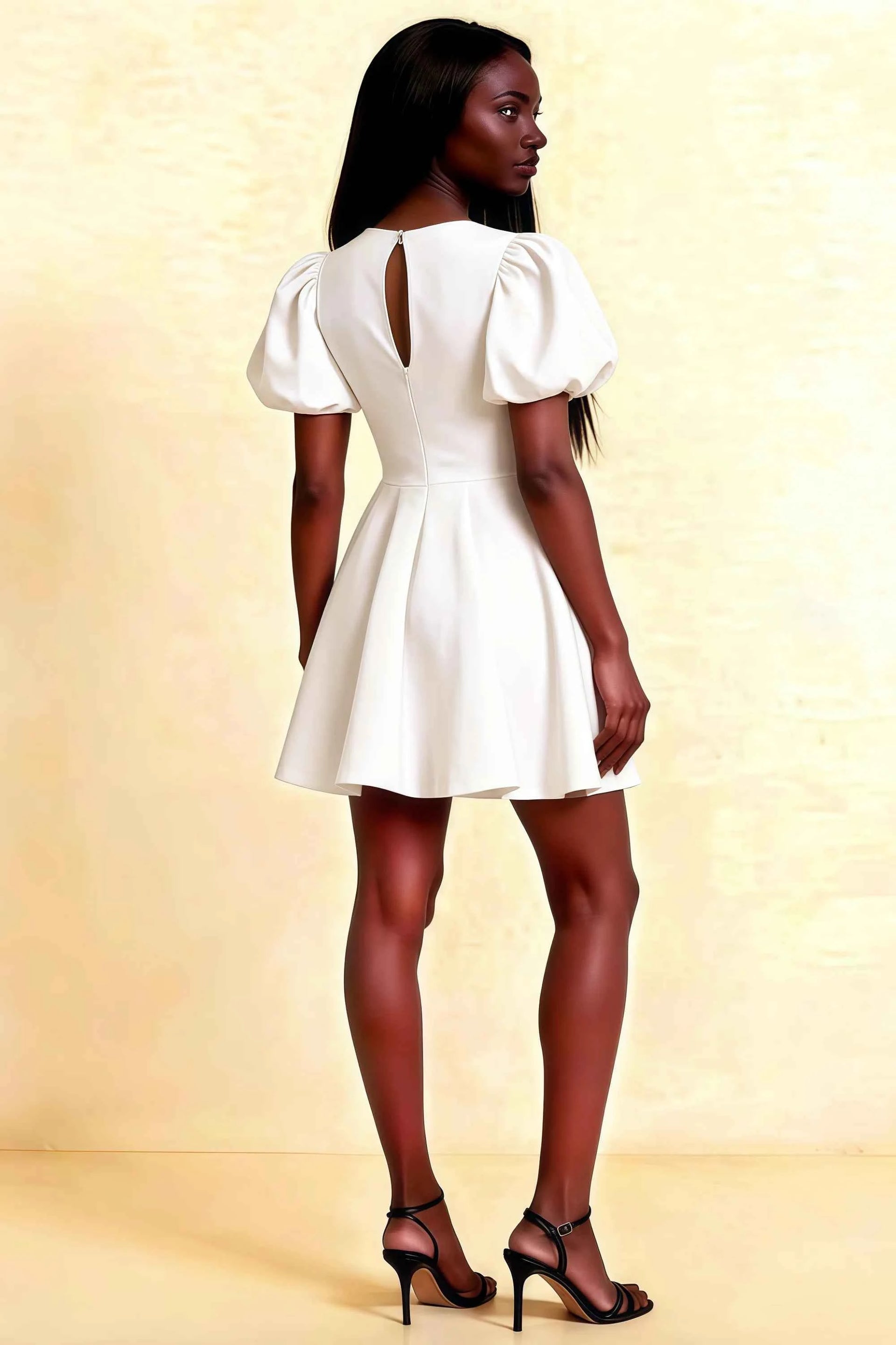 LVLVS Celia white stretch crepe crew neck puff sleeve mini dress back view, keyhole cutout open back design for formal event, fit and flare silhouette