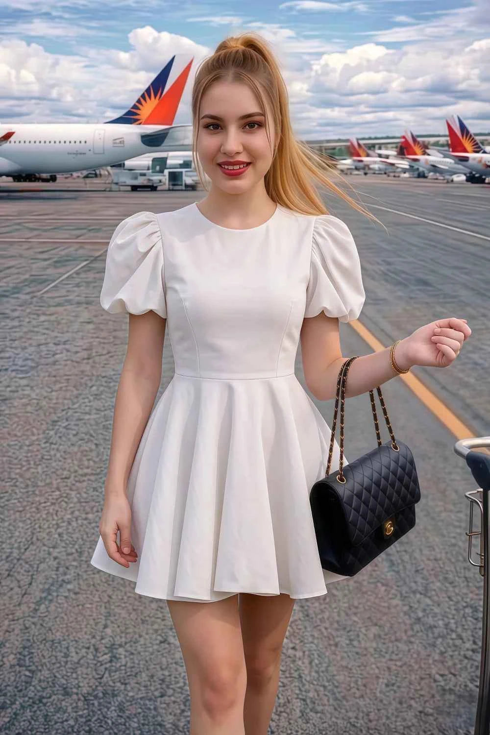 Customer wearing LVLVS Celia white stretch crepe crew neck puff sleeve mini dress for airport travel, casual chic style with quilted handbag and high heels