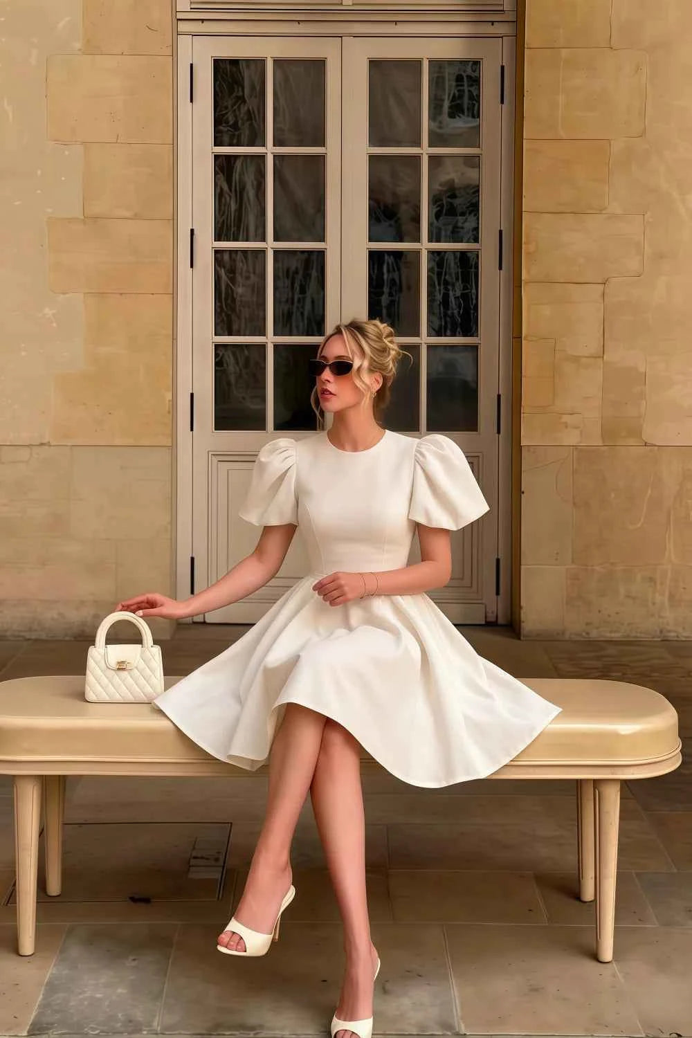 Customer in LVLVS Celia white stretch crepe crew neck puff sleeve mini dress sitting on bench, elegant day party look with white handbag and pointed toe heels