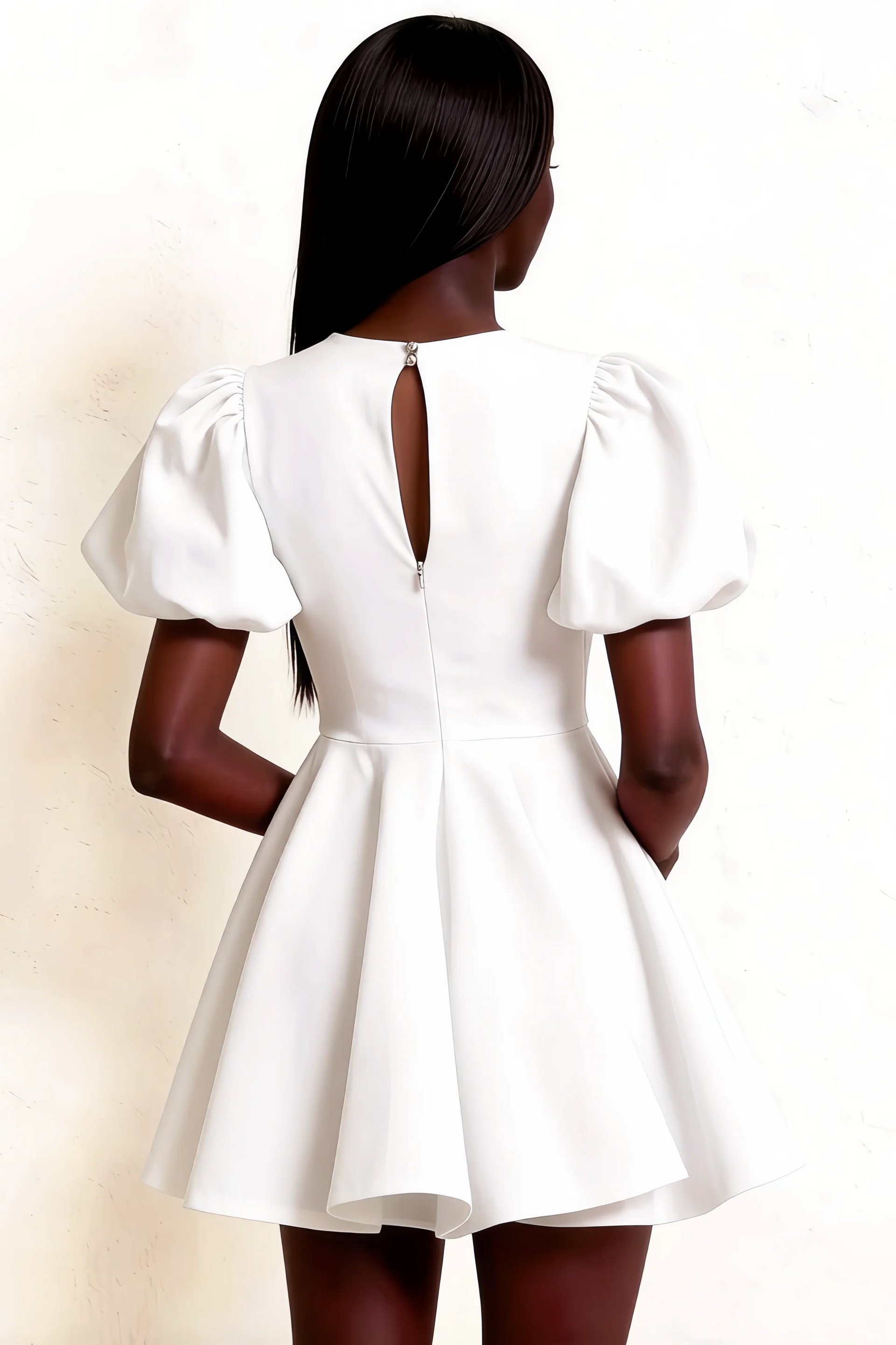 LVLVS Celia white stretch crepe crew neck puff sleeve mini dress back detail, keyhole open back with zipper closure, fit and flare silhouette