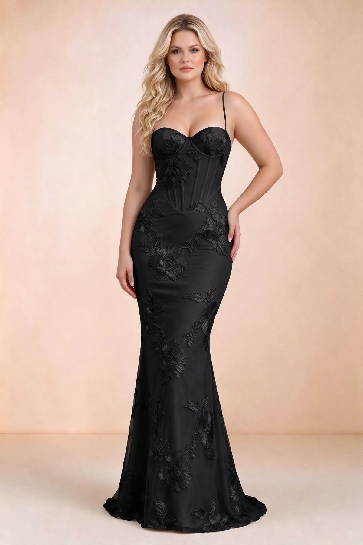 Vestido largo de sirena Celine negro con corsé y bordado floral