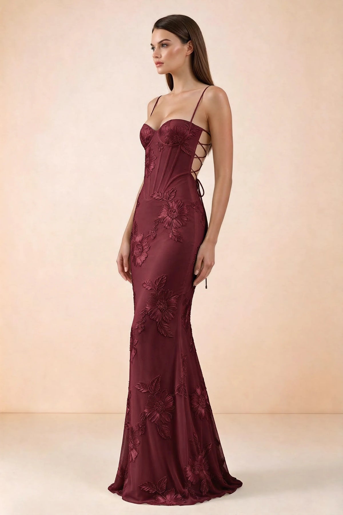 Celine Burgundy Floral Embroidered Corset Mermaid Maxi Dress