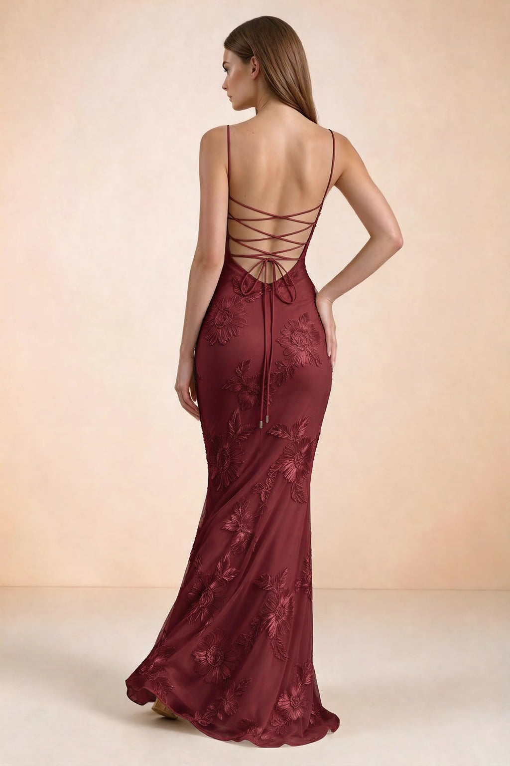 Celine Burgundy Floral Embroidered Corset Mermaid Maxi Dress