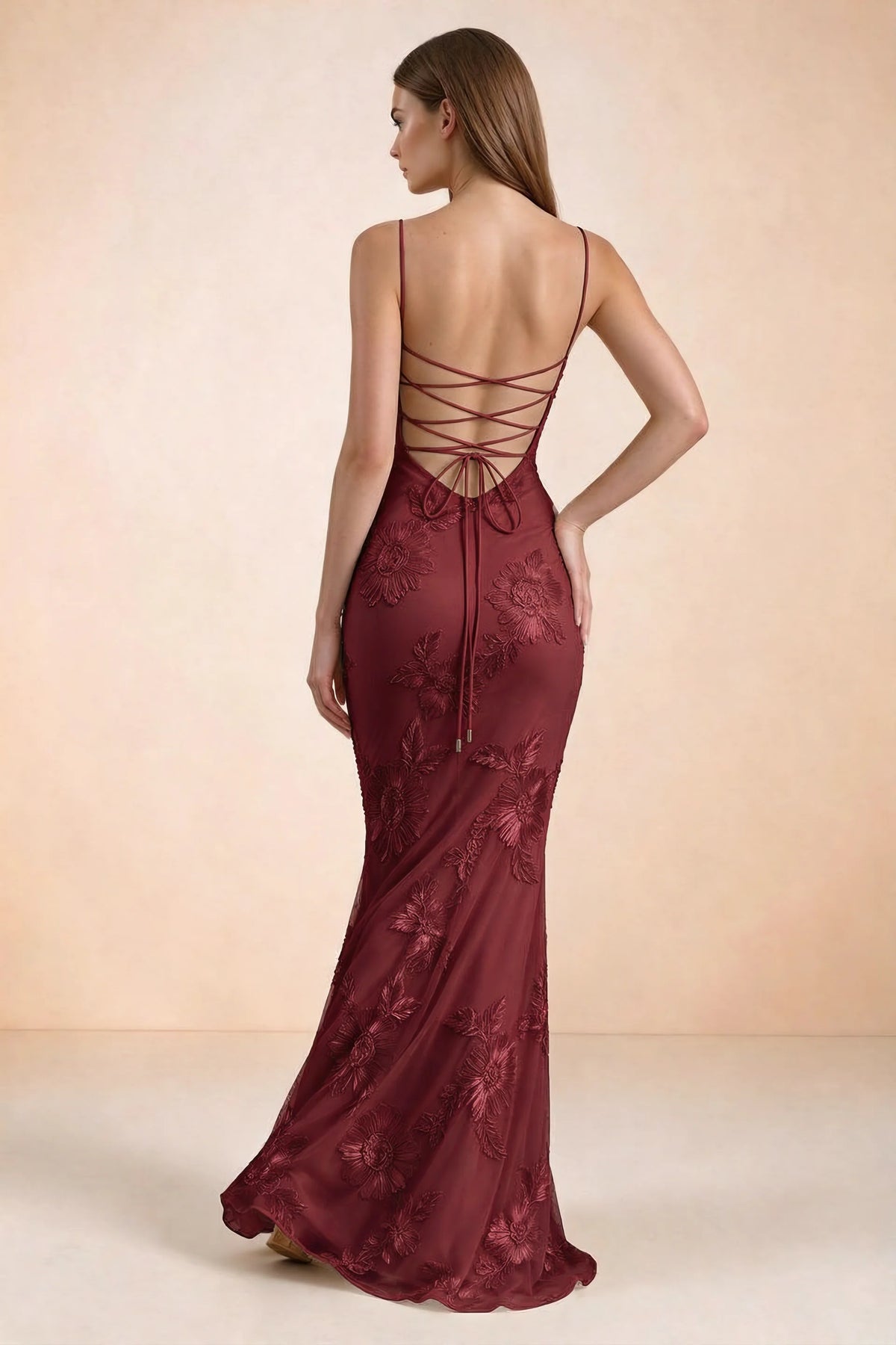 Celine Burgundy Floral Embroidered Corset Mermaid Maxi Dress